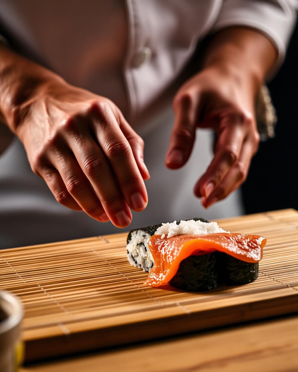 Hands rolling fresh sushi